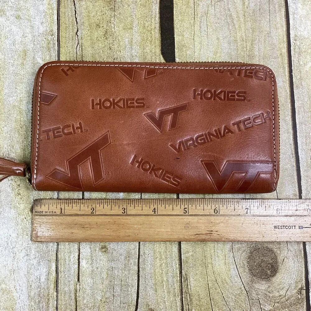 VT Hokies JML Embossed Cowhide Leather Wallet Brown Virginia Tech Zip Around